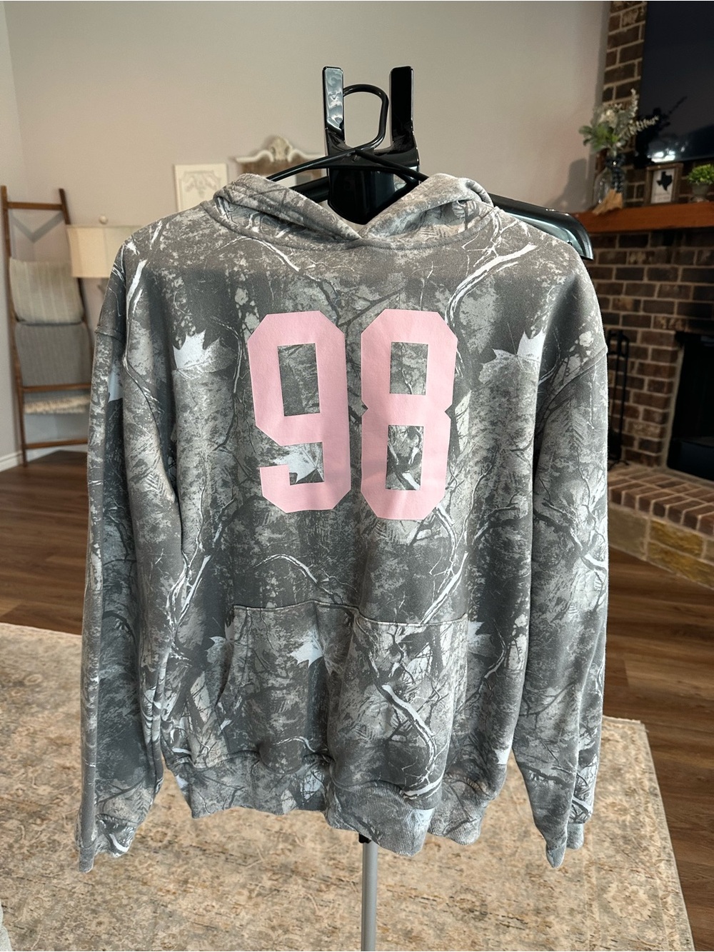 Gray Camo Hoodie Sweatshirt with Pink '98' Graphic